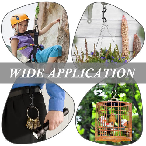 Collage showing wide application of 3.5 Inch Double Ended Snap Hooks 110 Lbs Load Zinc Alloy Heavy Duty Bolt Snap Clips, used for climbing, hanging plants, keychains, and bird cages.