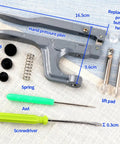 400 Snap Button Sets With Snap Pliers T5 Plastic Snaps No Sew Fasteners for clothing, showing pliers, springs, screwdriver, and awl.