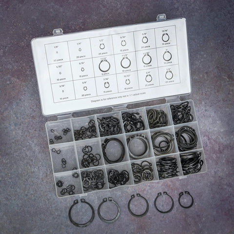 Ultimate Snap Ring Shop Assortment Kit With 300 Retaining Rings in 18 Sizes From 1/8 to 1-1/4 Inch, Neiko 50458A Kit Open View