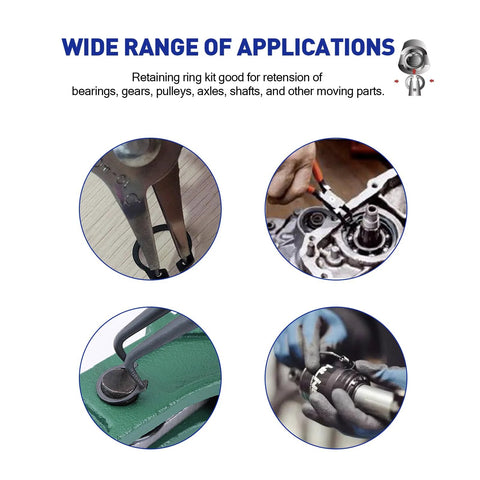 Wide range of applications for External Circlip Snap Ring Kit 500 Pcs Alloy Steel Snap Ring Assortment Set, used in gears and axles.