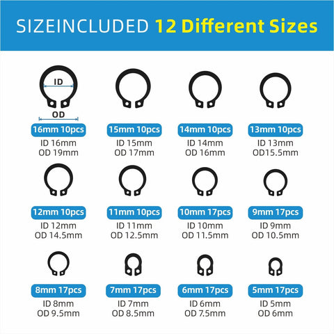 12 different sizes of E clips in 324 Piece E Clips And Snap Ring Kit In Carbon Steel For Heavy Duty Use 24 Sizes Assortment