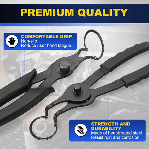 Close-up of 14 Piece Snap Ring Pliers Set With 45 Degree And 90 Degree Bent And Straight Tips, highlighting strong grip and durability features.