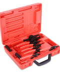 All In One Snap Ring Pliers Kit For Automotive Repair Heavy Duty 10 Piece Set With Straight And Bent Pliers Internal And External Circlip Removal Tools In Durable Storage Case shown open with pliers displayed inside.