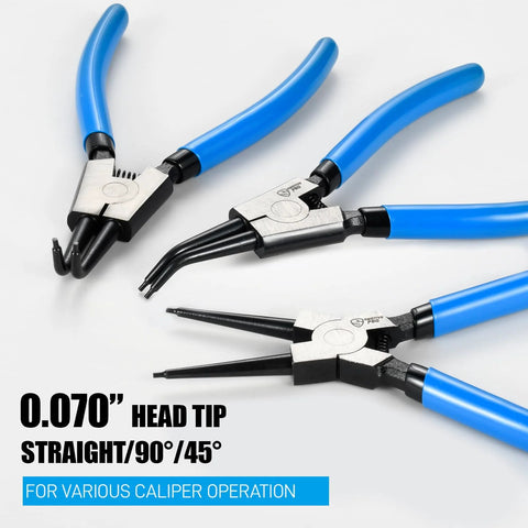 Three snap ring pliers from the Six Piece 7 Inch Snap Ring Pliers Set With 0 Degree 45 Degree And 90 Degree Angled Jaws, CRV steel.