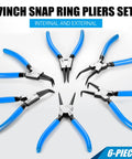 Six Piece 7 Inch Snap Ring Pliers Set With 0 Degree 45 Degree And 90 Degree Angled Jaws arranged in a circle