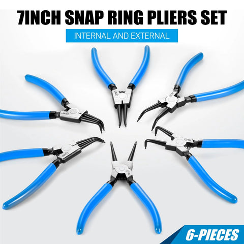 Six Piece 7 Inch Snap Ring Pliers Set With 0 Degree 45 Degree And 90 Degree Angled Jaws arranged in a circle