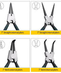 7 inch snap ring pliers set 4 pcs internal & external straight and bent jaw displayed in four sections