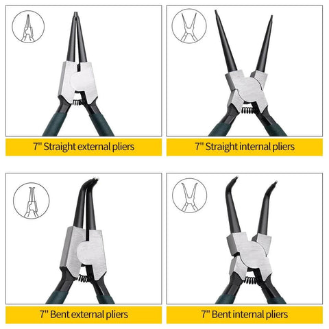 7 inch snap ring pliers set 4 pcs internal & external straight and bent jaw displayed in four sections