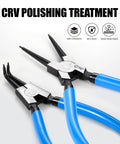 Close-up of 7 inch snap ring pliers set with CRV steel construction and angled jaws, showcasing high strength and anti-rust features.