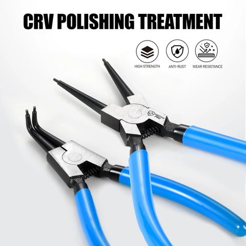Close-up of 7 inch snap ring pliers set with CRV steel construction and angled jaws, showcasing high strength and anti-rust features.