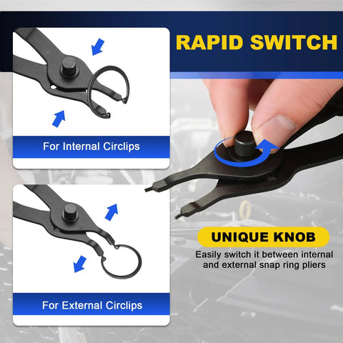 14 Piece Snap Ring Pliers Set with 45 Degree and 90 Degree Bent and Straight Tips for Internal and External Circlips, unique knob for easy switch