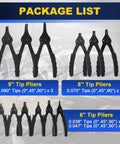 Package list of 14 Piece Snap Ring Pliers Set With 45 Degree And 90 Degree Bent And Straight Tips includes tip sizes and angles.