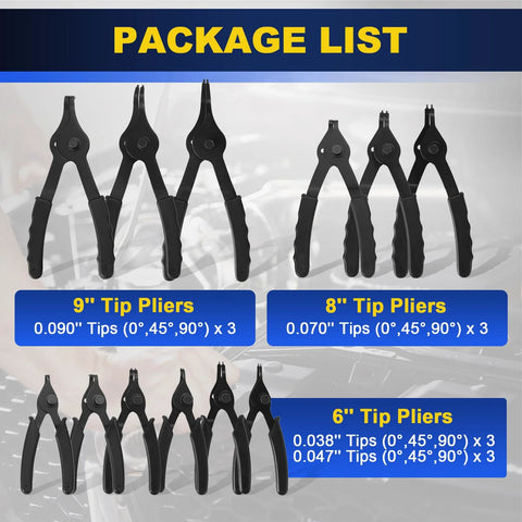 Package list of 14 Piece Snap Ring Pliers Set With 45 Degree And 90 Degree Bent And Straight Tips includes tip sizes and angles.