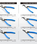 Six Piece 7 Inch Snap Ring Pliers Set With 0 Degree 45 Degree And 90 Degree Angled Jaws For Internal And External Retaining Rings