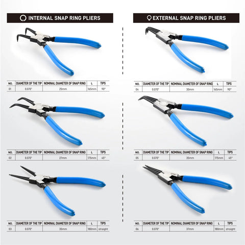 Six Piece 7 Inch Snap Ring Pliers Set With 0 Degree 45 Degree And 90 Degree Angled Jaws For Internal And External Retaining Rings