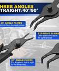 14 Piece Snap Ring Pliers Set With 45 Degree And 90 Degree Bent And Straight Tips for internal and external circlips shown in detail.