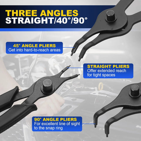 14 Piece Snap Ring Pliers Set With 45 Degree And 90 Degree Bent And Straight Tips for internal and external circlips shown in detail.