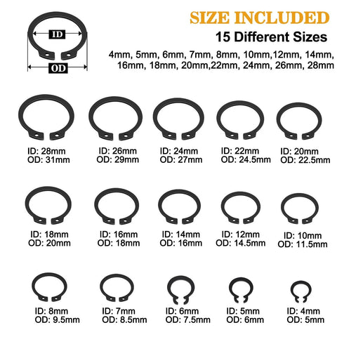 315 Piece Snap Ring Set For External Circlips In 15 Sizes Alloy Steel Heat Treated Retaining Rings Size Chart