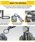 Installation process of Premium Snap Ring Set 325Pcs Alloy Steel External Retaining Rings Circlips illustrated with tools and axles.