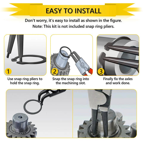 Installation process of Premium Snap Ring Set 325Pcs Alloy Steel External Retaining Rings Circlips illustrated with tools and axles.