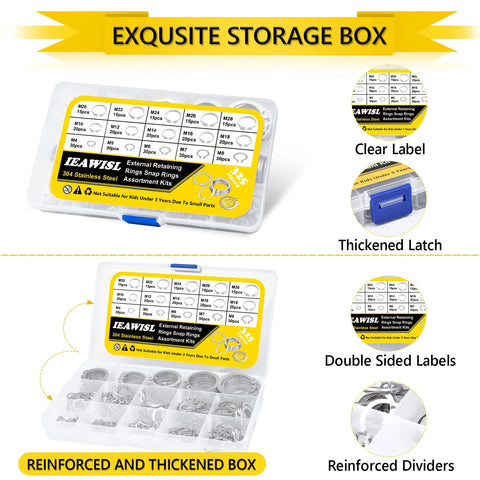 325 Piece Snap Ring Set For Axles And Shafts External Circlips C Clip Assortment Kit In 15 Sizes shown in storage box