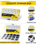 Premium Snap Ring Set 325Pcs Alloy Steel External Retaining Rings Circlips in storage box with labels and dividers.