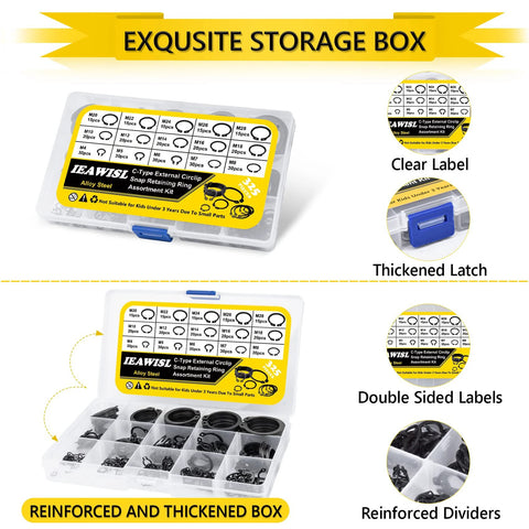 Premium Snap Ring Set 325Pcs Alloy Steel External Retaining Rings Circlips in storage box with labels and dividers.