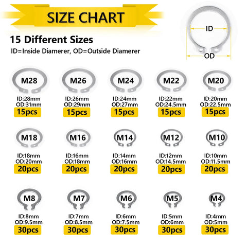 Size chart for 325 Piece Snap Ring Set For Axles And Shafts External Circlips C Clip Assortment Kit In 15 Sizes