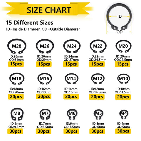Size chart of Premium Snap Ring Set 325Pcs Alloy Steel External Retaining Rings Circlips In 15 Sizes For Axles Shafts