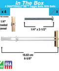 Heavy Duty SnapToggle Drywall Anchor Kit With Bolts For 1/4-20 Fasteners diagram showing components and measurements