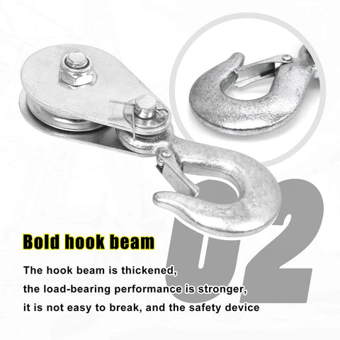 Pulley Hook (1Tons/2,200 LBS) Snatch Block with Hook Heavy Duty Pulley Lifting Block Hoist focus on hook and pulley close-up