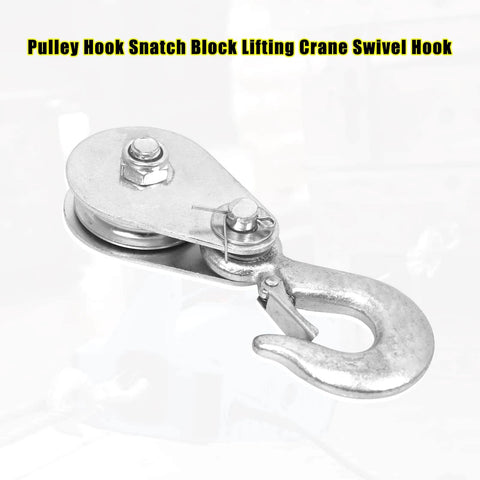 Pulley Hook (1Tons/2,200 LBS) Snatch Block with Hook, heavy duty steel lifting block shown side view with swivel hook.