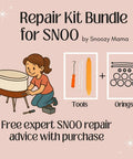 Illustration of woman repairing Snoo Smart Sleeper with tools and O-rings. Text: O Rings Repair Kit For Snoo Smart Sleeper Bassinet With Free Expert Repair Support.