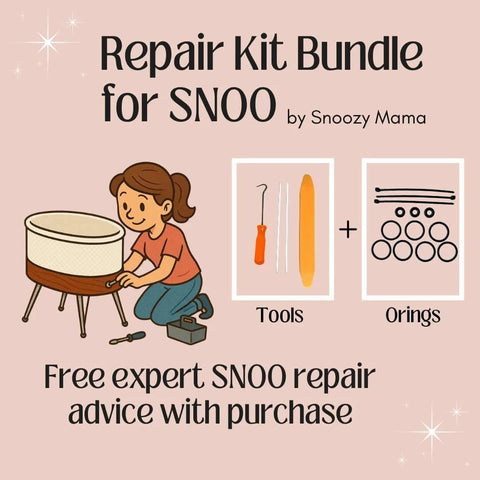 Illustration of woman repairing Snoo Smart Sleeper with tools and O-rings. Text: O Rings Repair Kit For Snoo Smart Sleeper Bassinet With Free Expert Repair Support.