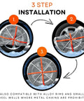 Three-step installation process of Passenger Vehicle Snow Socks HP697 Pack Of 2 For Tire Traction In Snow And Harsh Weather.