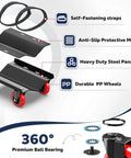 Heavy duty snowmobile dolly set of 3 with 3 inch caster wheels, V slide steel dollies, rubber ski pads, and adjustable straps features