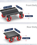 Heavy duty snowmobile dolly set of 3 with 3 inch caster wheels, front and rear views, V slide steel dollies, 1660 lb capacity