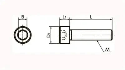 Technical diagram of SNSA-M6-25 NBK Hex Socket Head Cap Screws, Aluminum, 1-pack, Made in Japan, designed for smooth motion and stable alignment.