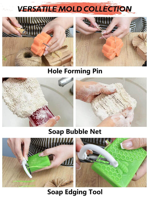 DIY Soap Making Kit For Adults And Kids With Rectangular Loaf Mold Adjustable Wooden Cutter Funnel Pitchers Measuring Cups Silicone Molds 100 Paper Bags And All In One Craft Set Perfect For Any Occasion Gift showing versatile mold collection and tools