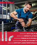 Mechanic using Four Piece Three Eighths Inch Drive Socket Extension Bar Set With Three Six And Ten Inch Extensions And Universal Joint Sockets Chrome Vanadium Steel Construction For Durable Auto Repair And Home Improvement Extends Reach In Tight Spaces.