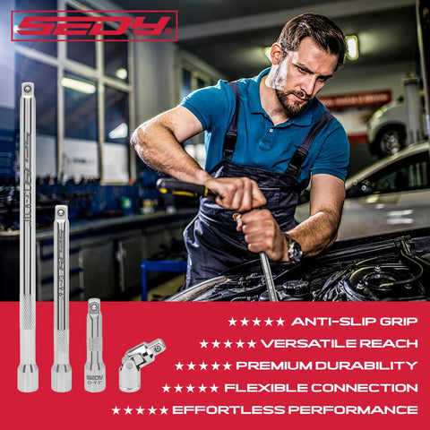 Mechanic using Four Piece Three Eighths Inch Drive Socket Extension Bar Set With Three Six And Ten Inch Extensions And Universal Joint Sockets Chrome Vanadium Steel Construction For Durable Auto Repair And Home Improvement Extends Reach In Tight Spaces.