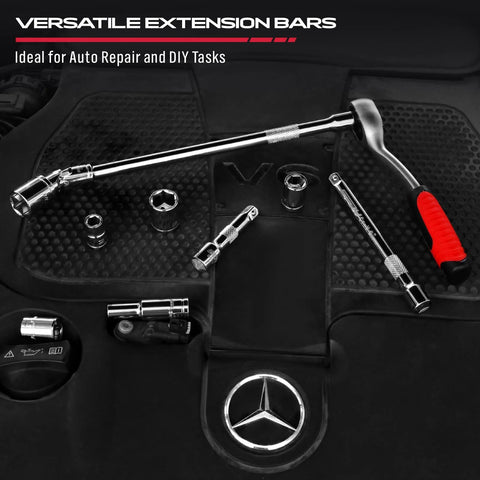 Four Piece Three Eighths Inch Drive Socket Extension Bar Set With Three Six And Ten Inch Extensions And Universal Joint Sockets