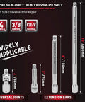 Four Piece Three Eighths Inch Drive Socket Extension Bar Set With Three Six And Ten Inch Extensions And Universal Joint Sockets