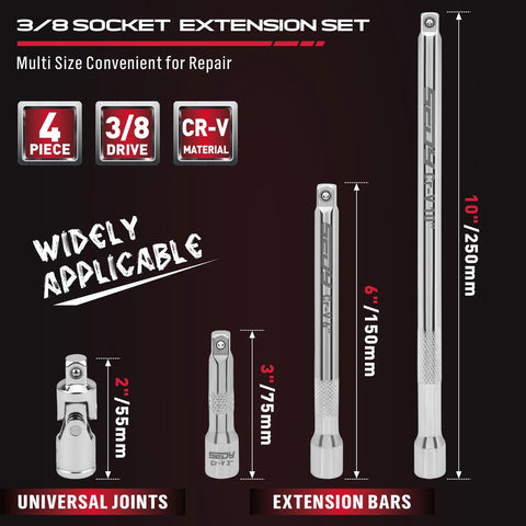 Four Piece Three Eighths Inch Drive Socket Extension Bar Set With Three Six And Ten Inch Extensions And Universal Joint Sockets