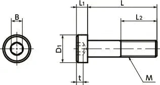 Technical diagram of ✝️ SLHS-M8-16 NBK Socket Head Cap Screws - Low Profile 20-Pack - Made in Japan with measurements for mechanical systems