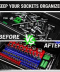 Comparison of unorganized socket drawer before and organized with Six Piece Magnetic Socket Organizer Set With Three Blue Metric And Three Red SAE Holders For 1/4 Inch 3/8 Inch And 1/2 Inch Sockets Holds 143 Pieces Heavy Duty ABS Construction With Magnetic Base For Secure Tidy Socket Storage after.