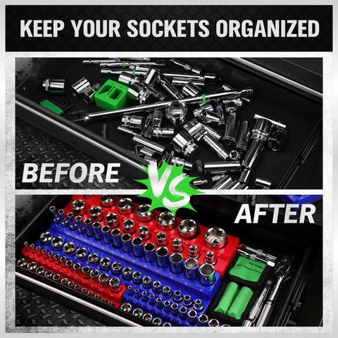 Comparison of unorganized socket drawer before and organized with Six Piece Magnetic Socket Organizer Set With Three Blue Metric And Three Red SAE Holders For 1/4 Inch 3/8 Inch And 1/2 Inch Sockets Holds 143 Pieces Heavy Duty ABS Construction With Magnetic Base For Secure Tidy Socket Storage after.