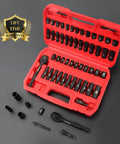 52 Piece One Quarter Inch Drive Impact Socket Set With 72 Tooth Ratchet And Adapters LLNDEI CR-V Metric And SAE in red case