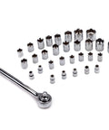 123 Piece Socket Wrench Set For Auto Repair And DIY Projects With Chrome Plated Tools in a Sturdy Storage Case, ratchets visible