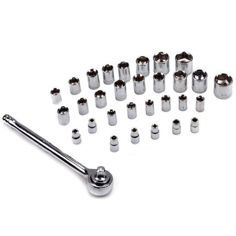 123 Piece Socket Wrench Set For Auto Repair And DIY Projects With Chrome Plated Tools in a Sturdy Storage Case, ratchets visible